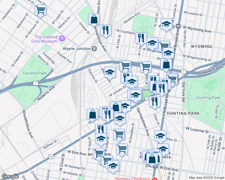 map of restaurants, bars, coffee shops, grocery stores, and more near 4179 Newhall Street in Philadelphia