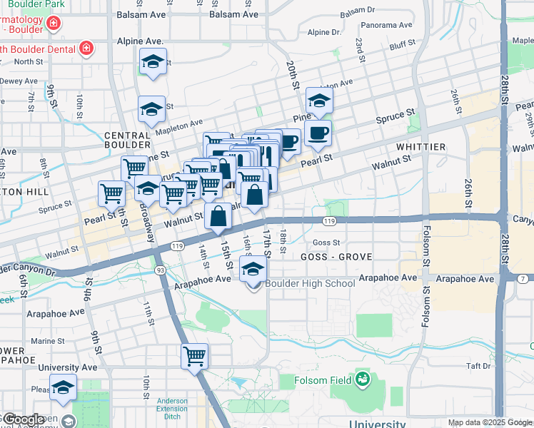 map of restaurants, bars, coffee shops, grocery stores, and more near in Boulder