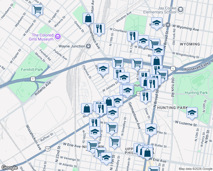 map of restaurants, bars, coffee shops, grocery stores, and more near 4179 Newhall Street in Philadelphia