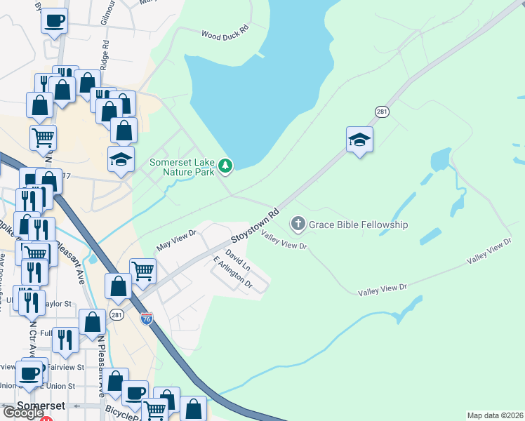 map of restaurants, bars, coffee shops, grocery stores, and more near 563 Stoystown Road in Somerset