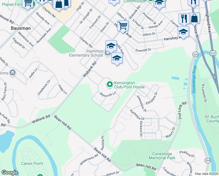 map of restaurants, bars, coffee shops, grocery stores, and more near 1330 Wabank Road in Lancaster