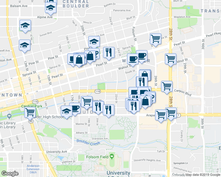 map of restaurants, bars, coffee shops, grocery stores, and more near 2127 Canyon Boulevard in Boulder