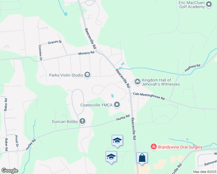 map of restaurants, bars, coffee shops, grocery stores, and more near 38 North Hawthorne Road in Coatesville