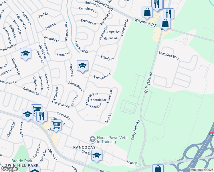 map of restaurants, bars, coffee shops, grocery stores, and more near 44 Ember Lane in Willingboro