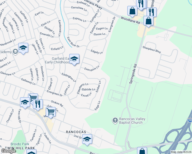 map of restaurants, bars, coffee shops, grocery stores, and more near 80 Elderberry Lane in Willingboro