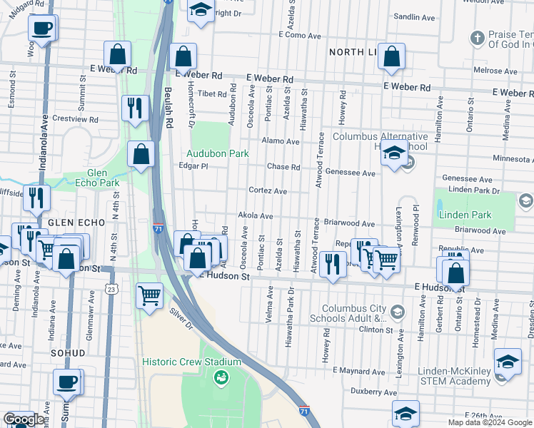 map of restaurants, bars, coffee shops, grocery stores, and more near 2580 Pontiac Street in Columbus