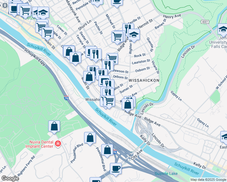 map of restaurants, bars, coffee shops, grocery stores, and more near 118 Kalos Street in Philadelphia