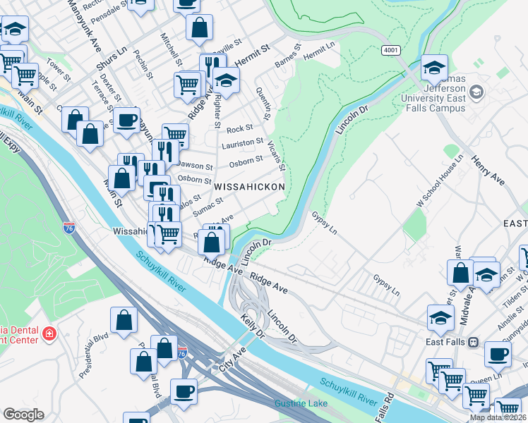 map of restaurants, bars, coffee shops, grocery stores, and more near 3551 Retta Street in Philadelphia