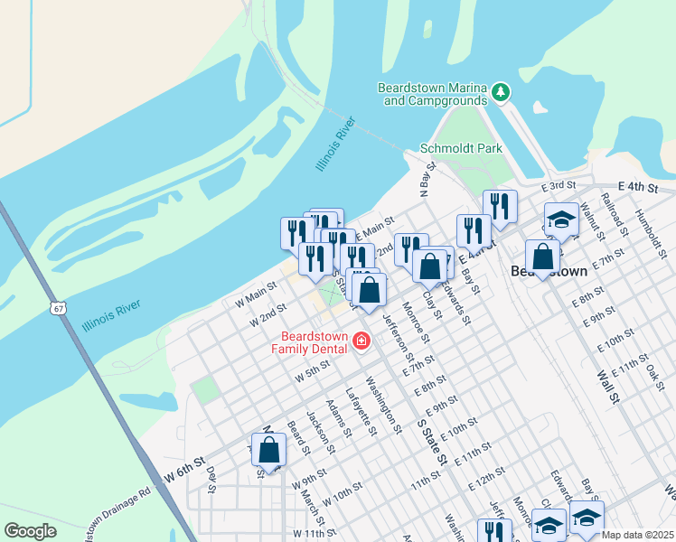map of restaurants, bars, coffee shops, grocery stores, and more near 121 South State Street in Beardstown