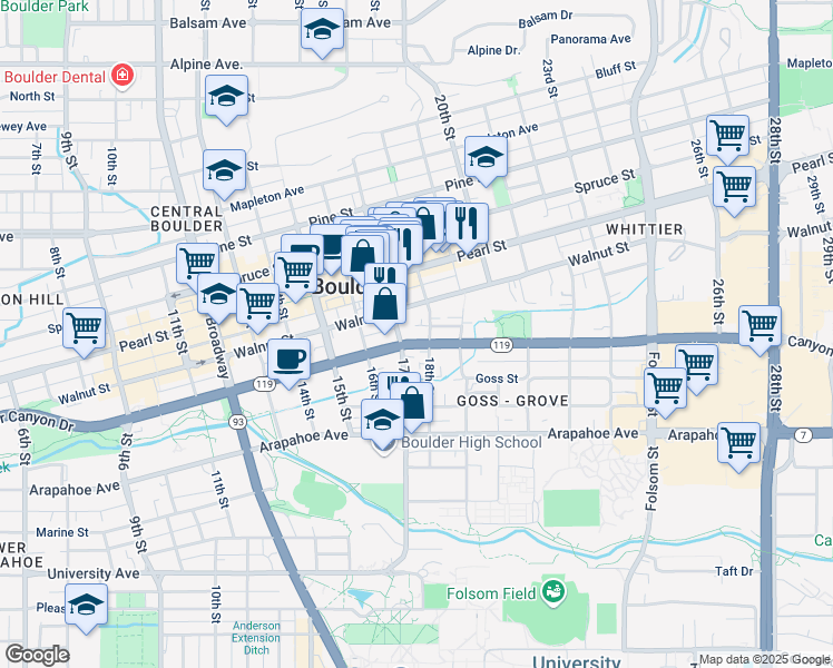 map of restaurants, bars, coffee shops, grocery stores, and more near 1719 Canyon Boulevard in Boulder