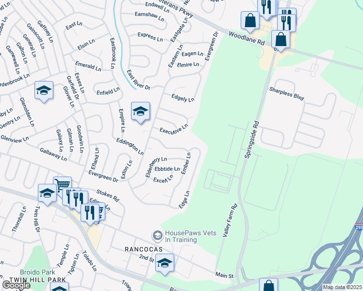 map of restaurants, bars, coffee shops, grocery stores, and more near 44 Ember Lane in Willingboro