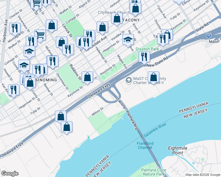 map of restaurants, bars, coffee shops, grocery stores, and more near 5008 Levick Street in Philadelphia
