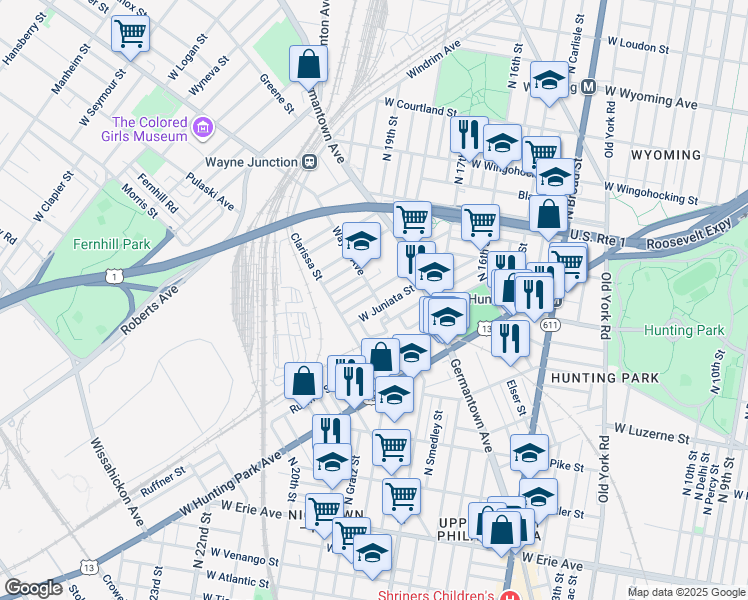 map of restaurants, bars, coffee shops, grocery stores, and more near 1900 Brunner Street in Philadelphia