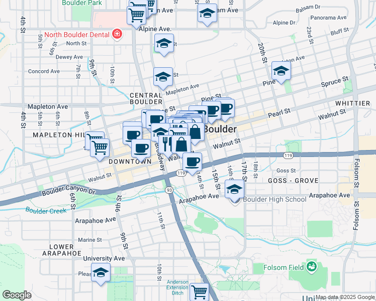 map of restaurants, bars, coffee shops, grocery stores, and more near in Boulder