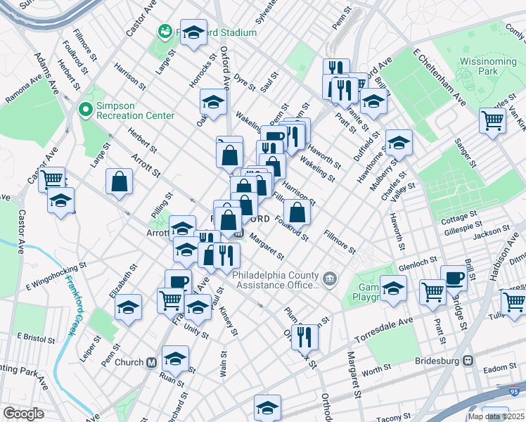 map of restaurants, bars, coffee shops, grocery stores, and more near 1612 Foulkrod Street in Philadelphia
