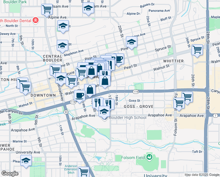 map of restaurants, bars, coffee shops, grocery stores, and more near in Boulder