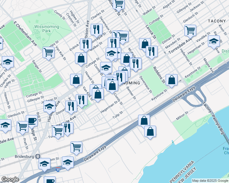 map of restaurants, bars, coffee shops, grocery stores, and more near 4723 Comly Street in Philadelphia