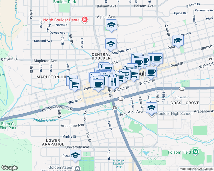 map of restaurants, bars, coffee shops, grocery stores, and more near 1911 Colorado 7 in Boulder