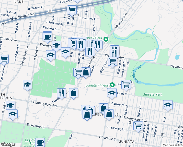 map of restaurants, bars, coffee shops, grocery stores, and more near 4527 Tampa Street in Philadelphia