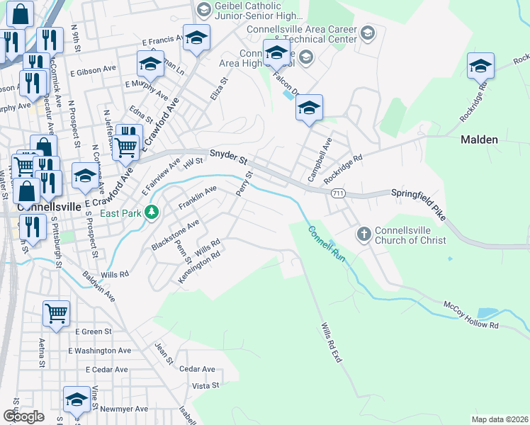map of restaurants, bars, coffee shops, grocery stores, and more near 1101 Blackstone Avenue in Connellsville