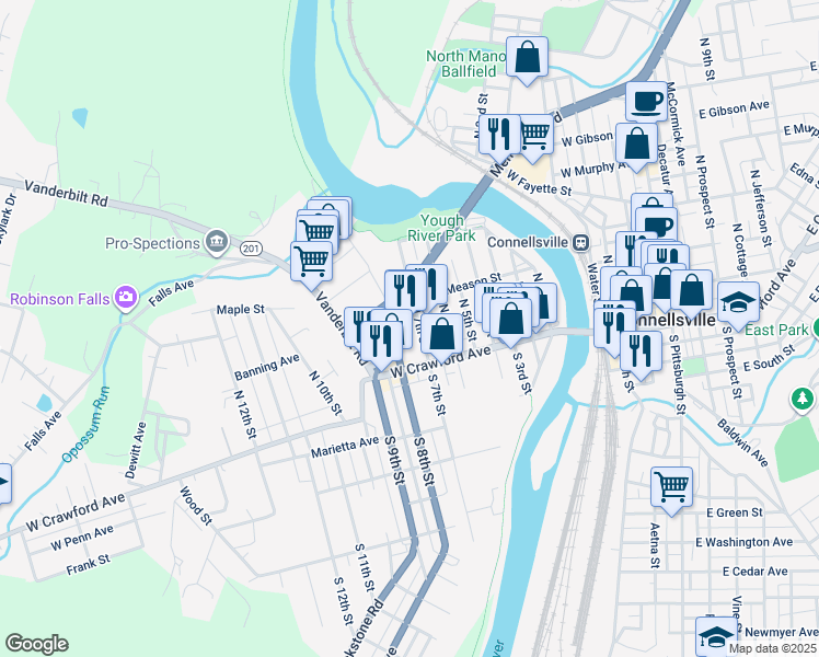 map of restaurants, bars, coffee shops, grocery stores, and more near 904 West Crawford Avenue in Connellsville