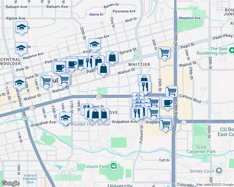 map of restaurants, bars, coffee shops, grocery stores, and more near 2120 Canyon Boulevard in Boulder