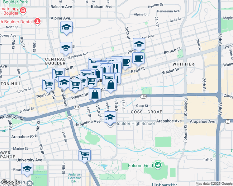 map of restaurants, bars, coffee shops, grocery stores, and more near in Boulder