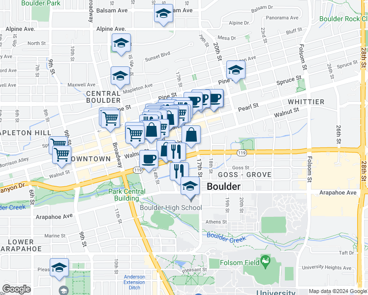 map of restaurants, bars, coffee shops, grocery stores, and more near 1820 15th Street in Boulder