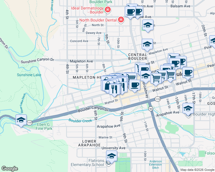 map of restaurants, bars, coffee shops, grocery stores, and more near 801 Pearl Street in Boulder