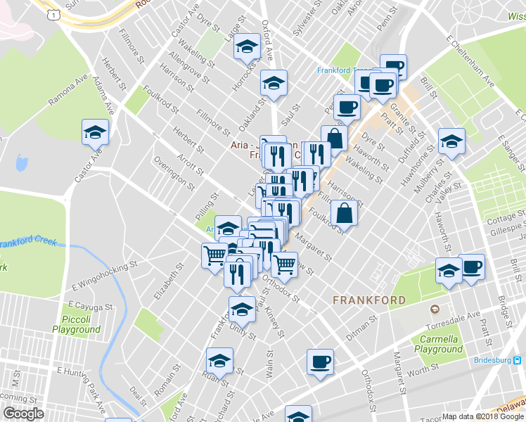 map of restaurants, bars, coffee shops, grocery stores, and more near 4653 Penn Street in Philadelphia