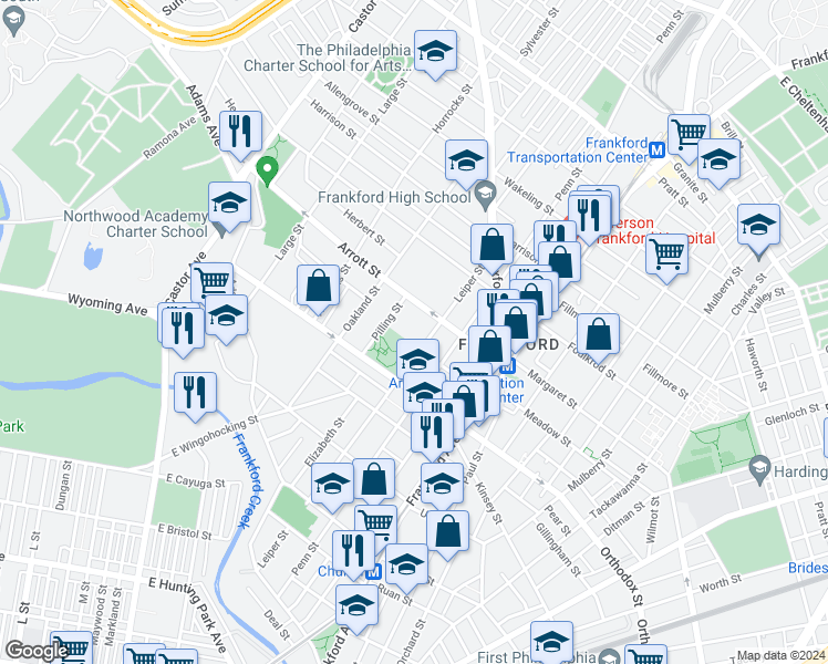 map of restaurants, bars, coffee shops, grocery stores, and more near 4643 Leiper Street in Philadelphia