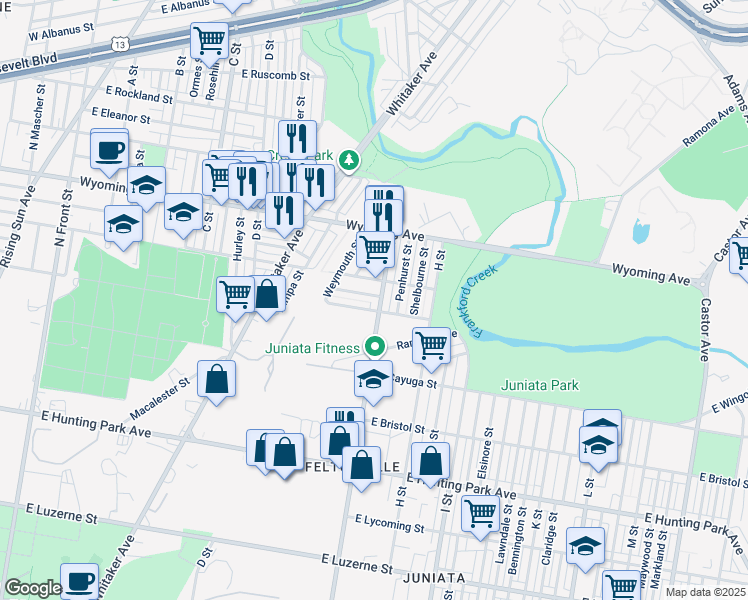 map of restaurants, bars, coffee shops, grocery stores, and more near 4559 G Street in Philadelphia