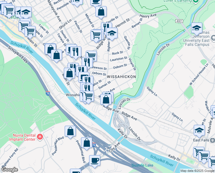 map of restaurants, bars, coffee shops, grocery stores, and more near 124 Rochelle Avenue in Philadelphia