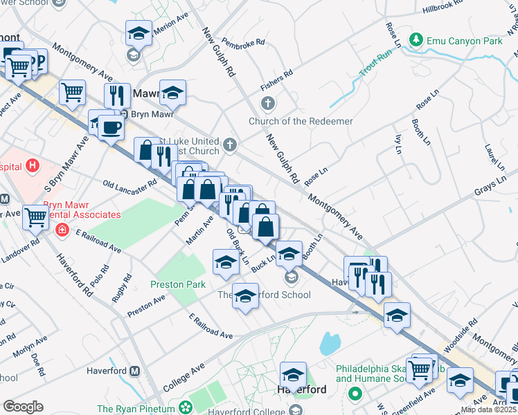 map of restaurants, bars, coffee shops, grocery stores, and more near 552 Barrett Avenue in Haverford