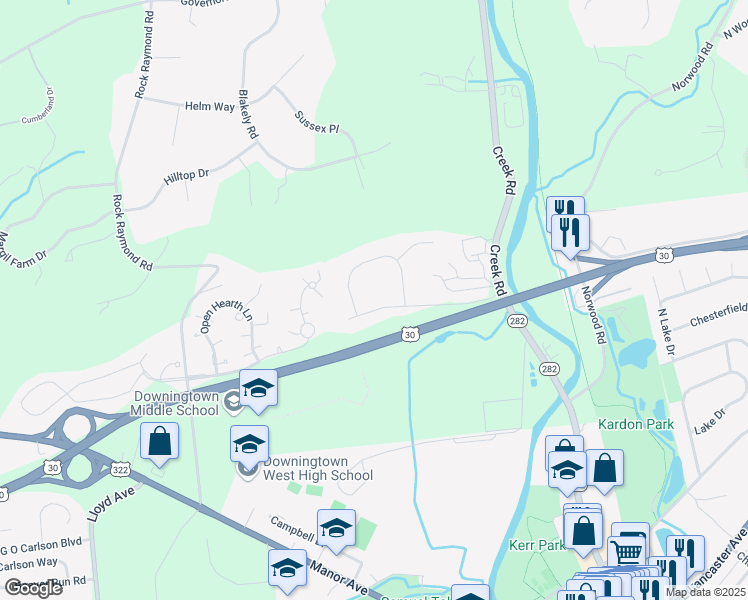 map of restaurants, bars, coffee shops, grocery stores, and more near 106 Glen Ridge Drive in Downingtown