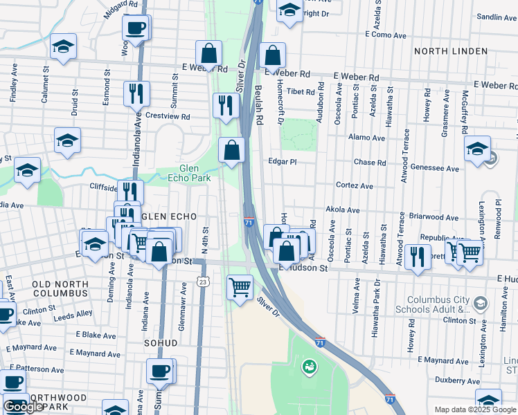 map of restaurants, bars, coffee shops, grocery stores, and more near 2571 Silver Drive in Columbus