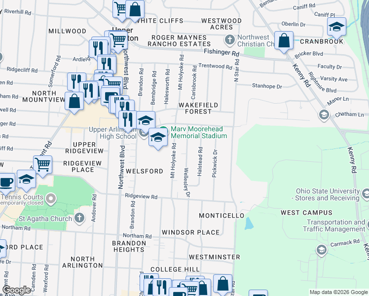 map of restaurants, bars, coffee shops, grocery stores, and more near 2903 Wellesley Drive in Columbus