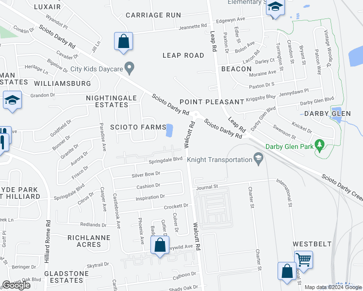 map of restaurants, bars, coffee shops, grocery stores, and more near 4855 Stoneybrook Boulevard in Hilliard