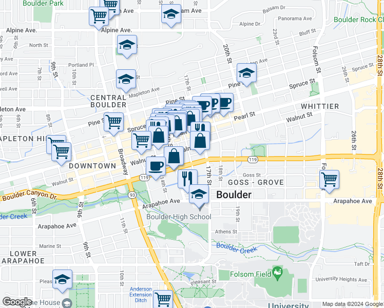 map of restaurants, bars, coffee shops, grocery stores, and more near 1830 16th Street in Boulder