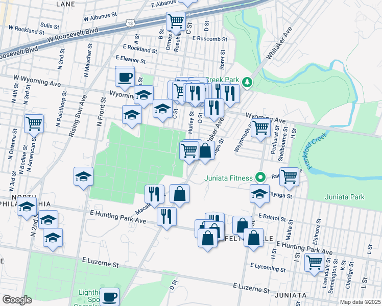map of restaurants, bars, coffee shops, grocery stores, and more near 4505 Hurley Street in Philadelphia