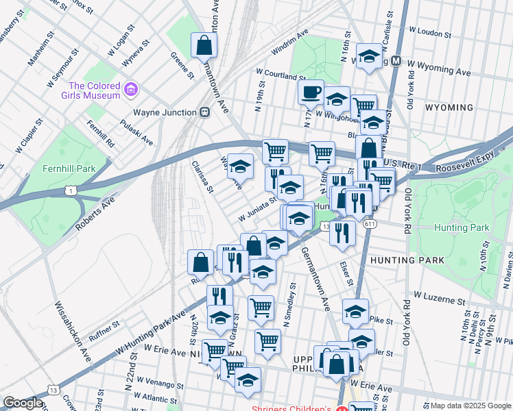 map of restaurants, bars, coffee shops, grocery stores, and more near 1759 West Juniata Street in Philadelphia
