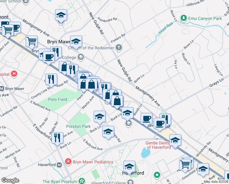 map of restaurants, bars, coffee shops, grocery stores, and more near 552 Barrett Avenue in Haverford