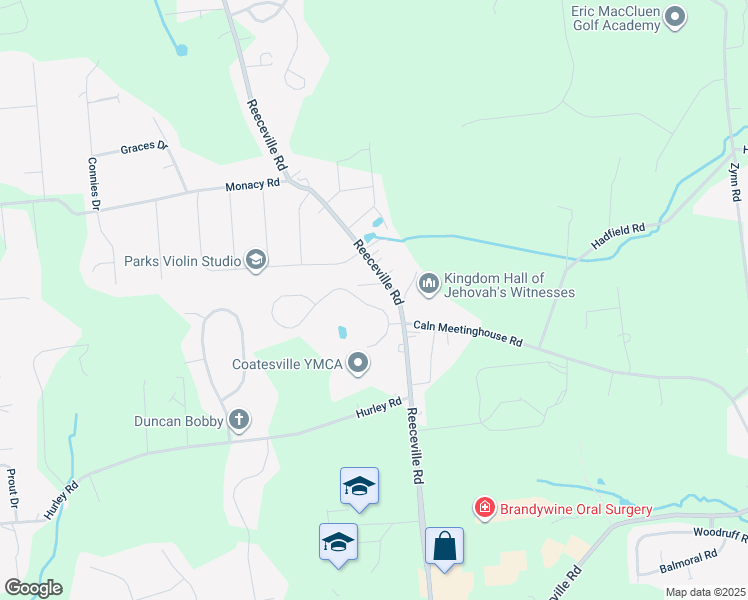 map of restaurants, bars, coffee shops, grocery stores, and more near 23 North Hawthorne Road in Coatesville