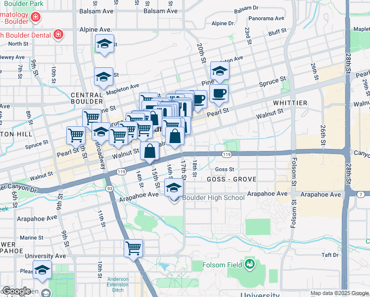 map of restaurants, bars, coffee shops, grocery stores, and more near 1812 17th Street in Boulder
