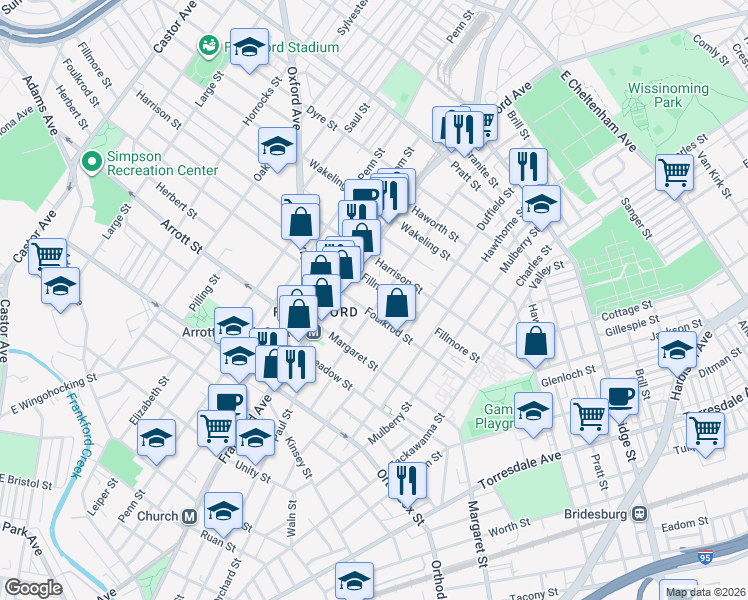 map of restaurants, bars, coffee shops, grocery stores, and more near 1663 Foulkrod Street in Philadelphia