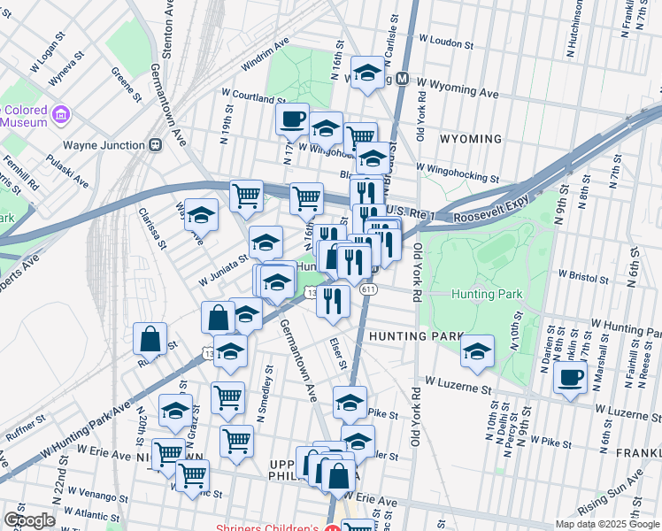 map of restaurants, bars, coffee shops, grocery stores, and more near 4212 North 15th Street in Philadelphia