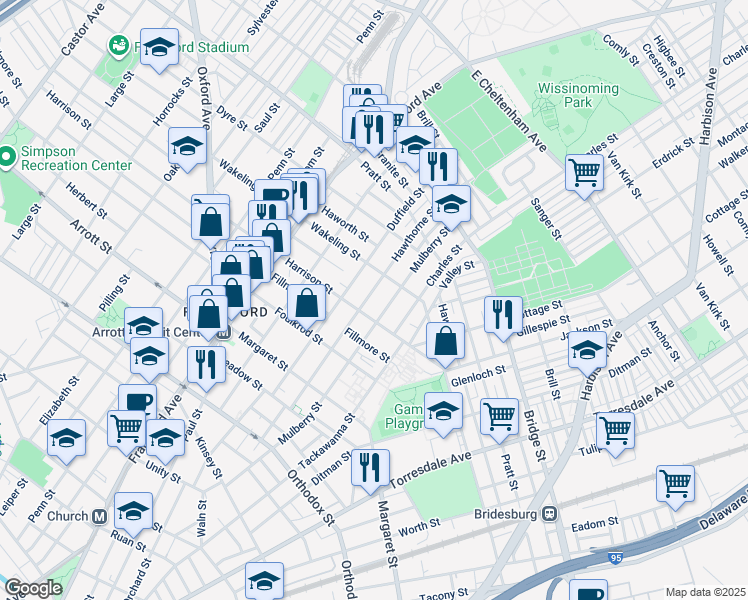 map of restaurants, bars, coffee shops, grocery stores, and more near 4919 Hawthorne Street in Philadelphia