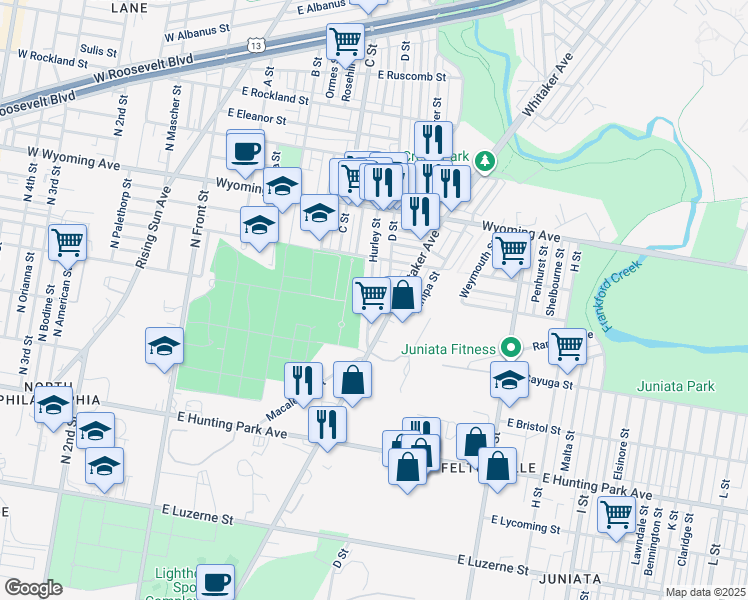 map of restaurants, bars, coffee shops, grocery stores, and more near 4505 Hurley Street in Philadelphia