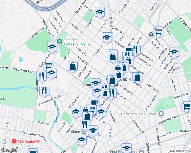 map of restaurants, bars, coffee shops, grocery stores, and more near 4618 Leiper Street in Philadelphia