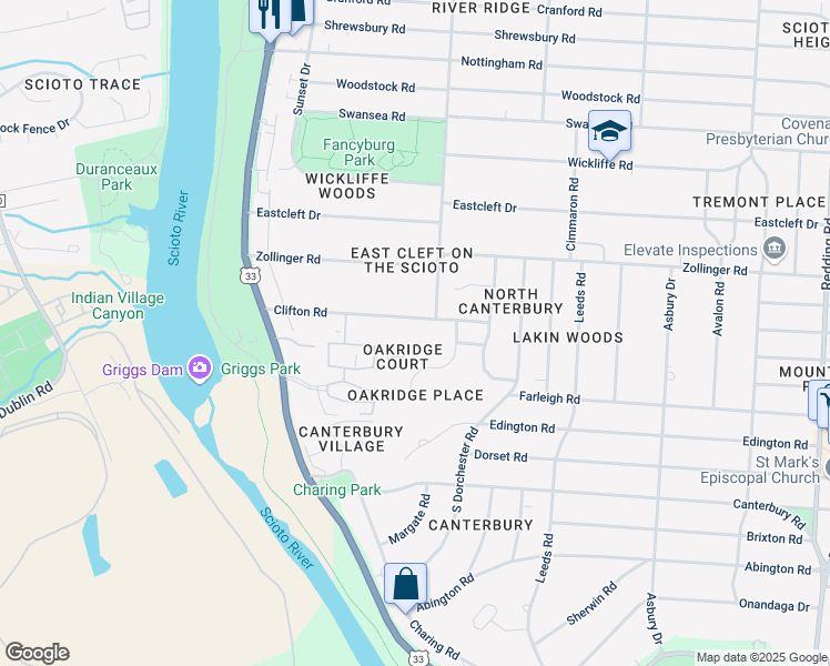 map of restaurants, bars, coffee shops, grocery stores, and more near 3051 Oakridge Road in Columbus
